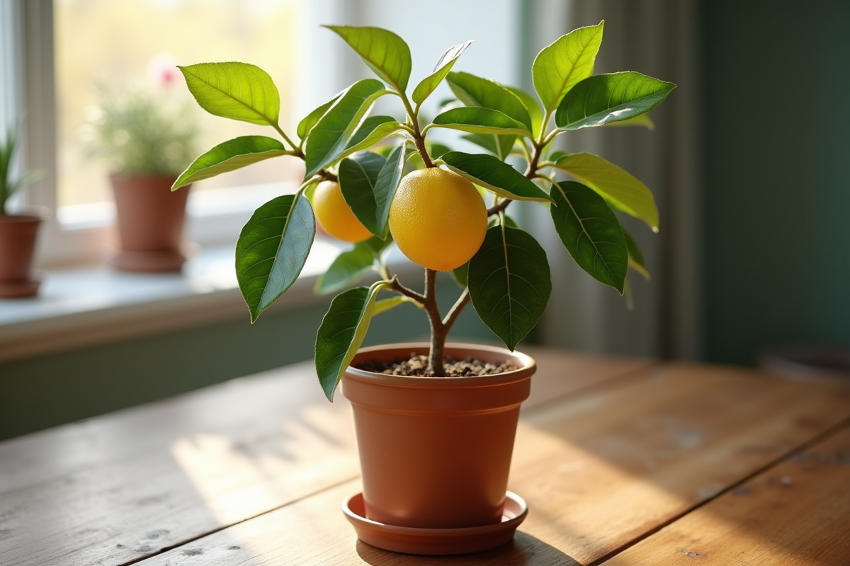 Limonier repoté sur une table en intérieur avec lumière naturelle