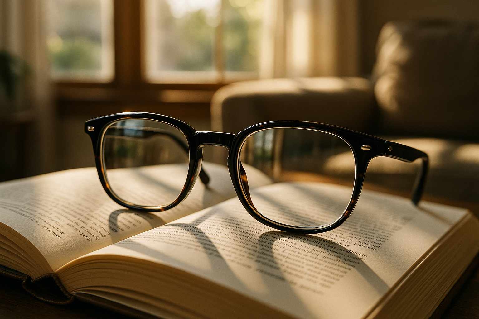 Lunettes de haute qualité posées sur un livre dans un salon cosy