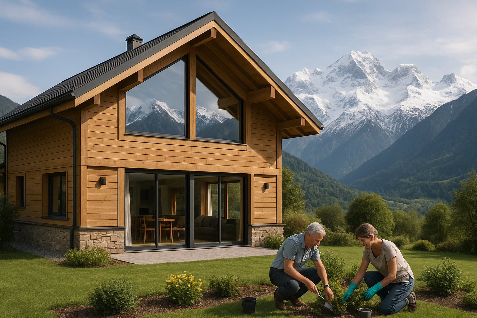 Maison chalet moderne avec vue sur montagnes enneigees