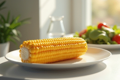 Maïs croustillant doré sur assiette blanche avec salade verte