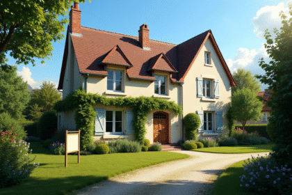 Maison de campagne française avec jardin et panneau en vente