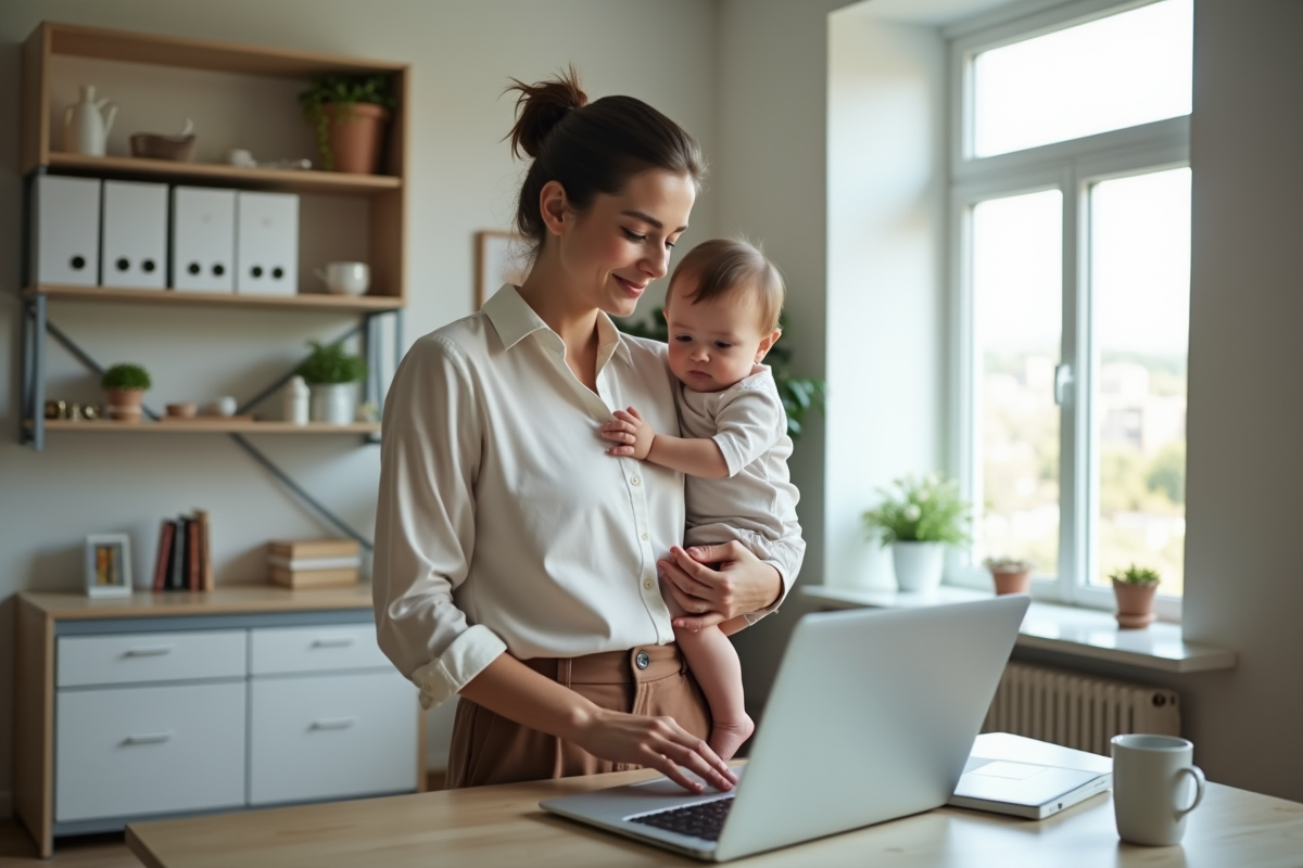 Jeune maman avec son enfant dans un bureau moderne