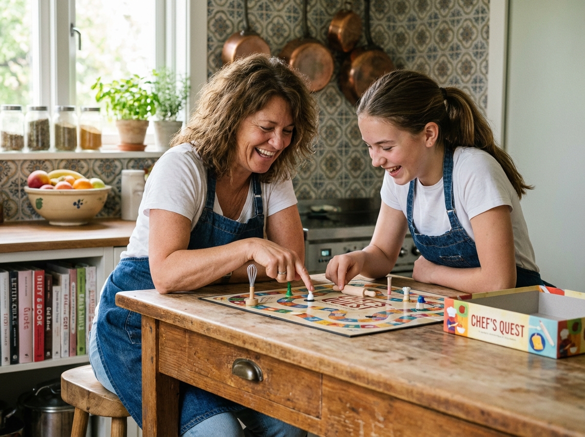 Maman et fille jouant à un jeu de société culinaire à la maison