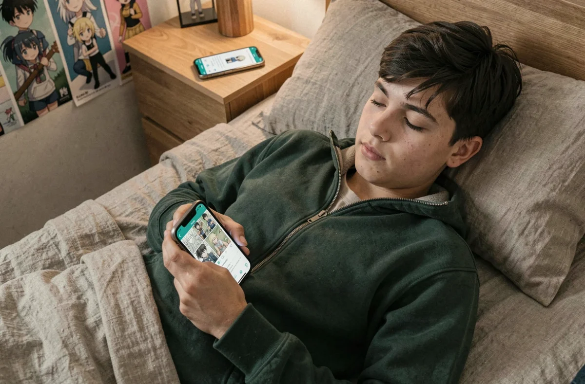 Adolescent lisant des mangas sur smartphone en utilisant un VPN pour une navigation anonyme et sécurisée