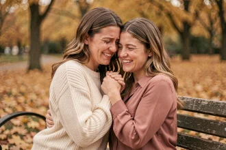 Deux meilleures amies adultes qui pleurent en se serrant dans les bras sur un banc de parc en automne, scène d'amitié sincère et émouvante