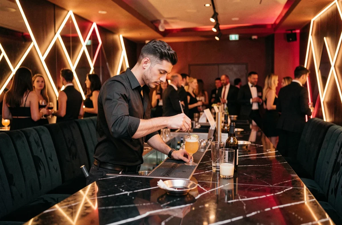 Intérieur élégant du club Melkior à Dijon avec un bar en marbre noir et un barman préparant un cocktail sous des installations LED géométriques