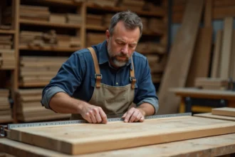 Menuisier mesurant une grande porte en chêne dans l'atelier