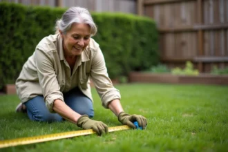 Femme mesurant la surface de son jardin avec un mètre ruban dans un jardin résidentiel bien entretenu
