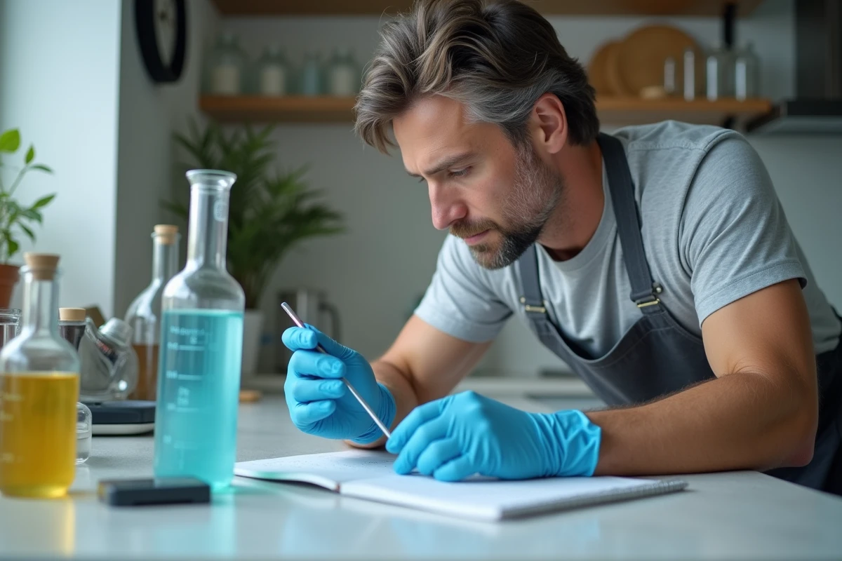 Homme mesurant précisément le volume d'un liquide dans une éprouvette graduée en verre pour une conversion cm3 en litres