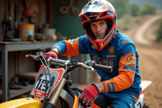 Jeune pilote motocross ajustant son 125cc en atelier