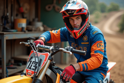 Jeune pilote motocross ajustant son 125cc en atelier