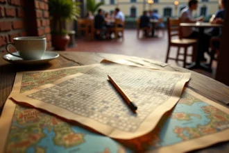 Mots croisés italiens avec carte de villes d'Italie en 4 lettres sur une table de café vintage