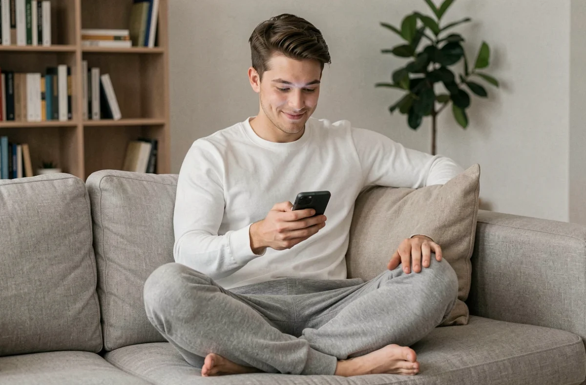 Jeune professionnel naviguant sur mobile depuis son salon, astuces et confort d'utilisation