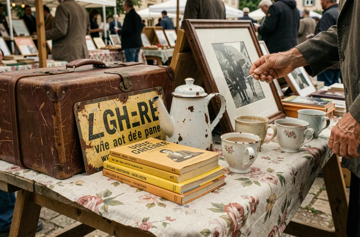 Gros plan sur des objets chinés posés sur un étal de vide-grenier dans l'Ain, avec vaisselle vintage et vieilles valises