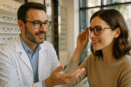 Opticien conseillant un client essayant des lunettes stylées dans un magasin lumineux