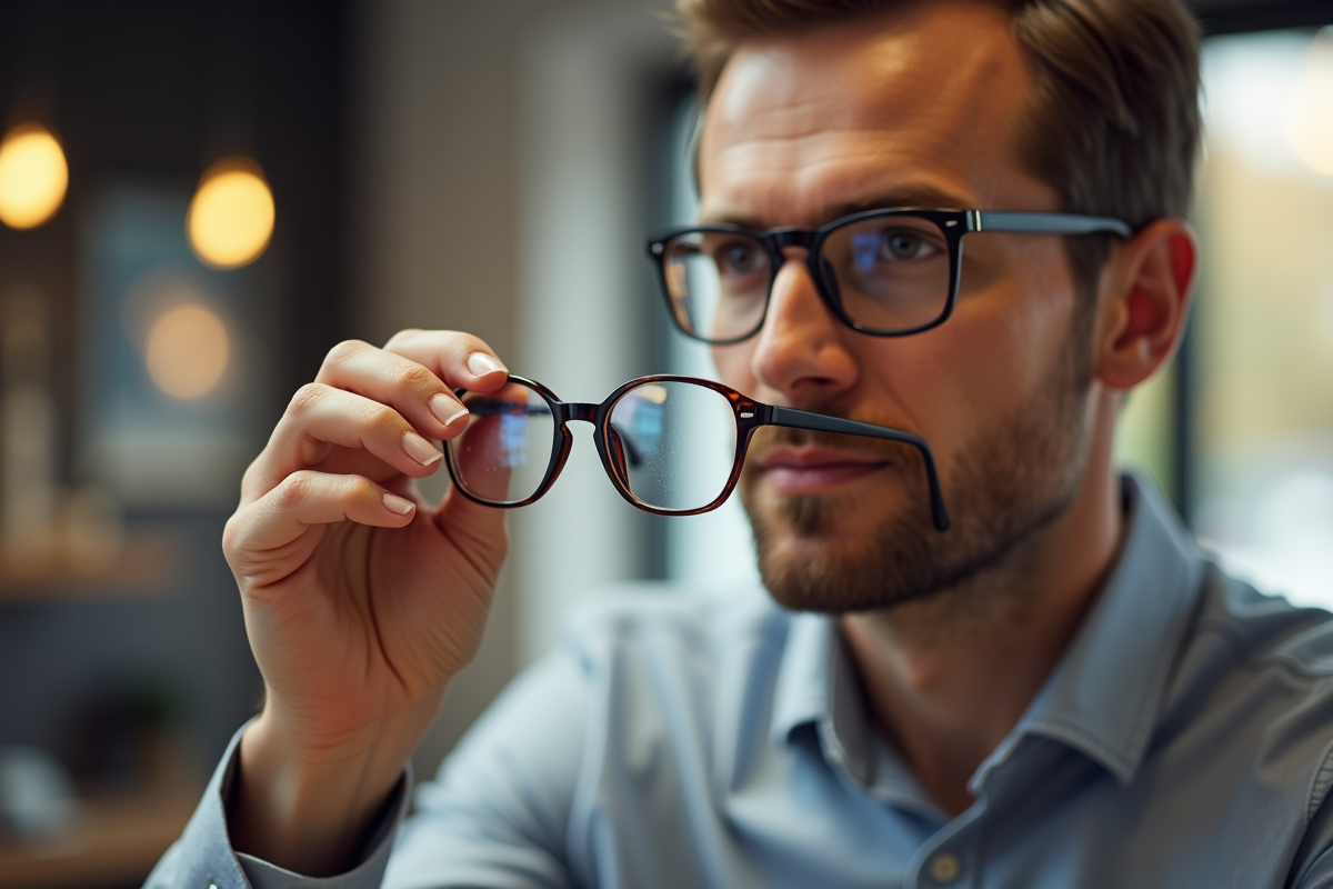 Opticien montrant des lunettes à un homme dans un intérieur ensoleille