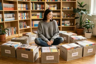 Jeune femme organisant sa collection de mangas en volumes classés dans des boîtes étiquetées sur un plancher en bois