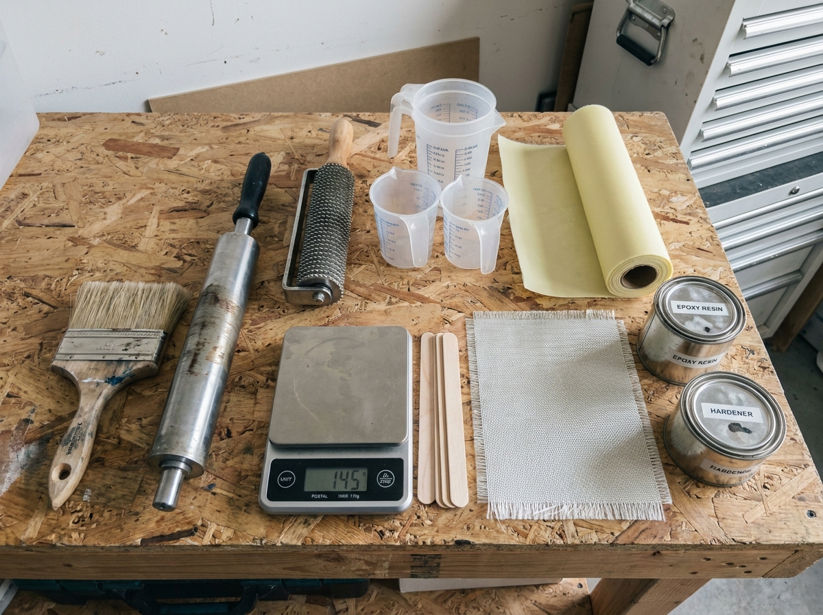Vue à plat des outils et matériaux essentiels pour débuter en fabrication de pièces composites
