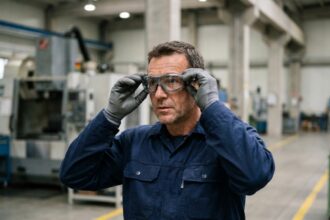 Ouvrier industriel portant des lunettes de protection certifiées sur un site de production européen