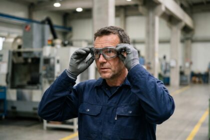 Ouvrier industriel portant des lunettes de protection certifiées sur un site de production européen