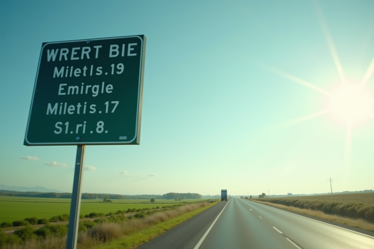 Panneau routier indiquant distances en miles et kilomètres sur une route ensoleillée