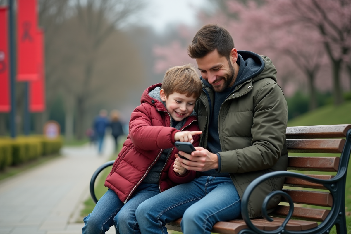Père et enfant jouant au jeu serpent dans un parc
