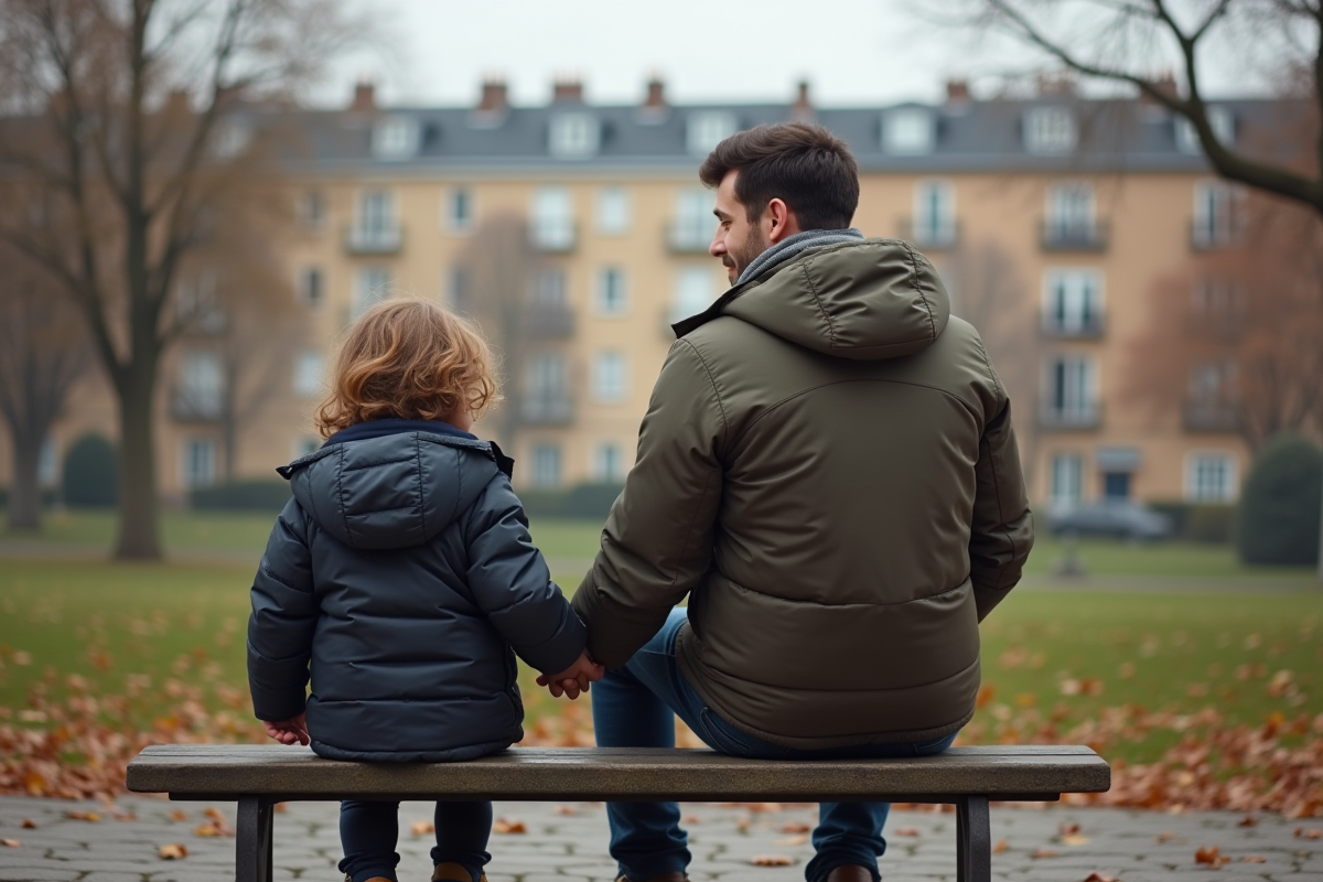 Jeune homme et enfant assis sur un banc dans un parc parisien