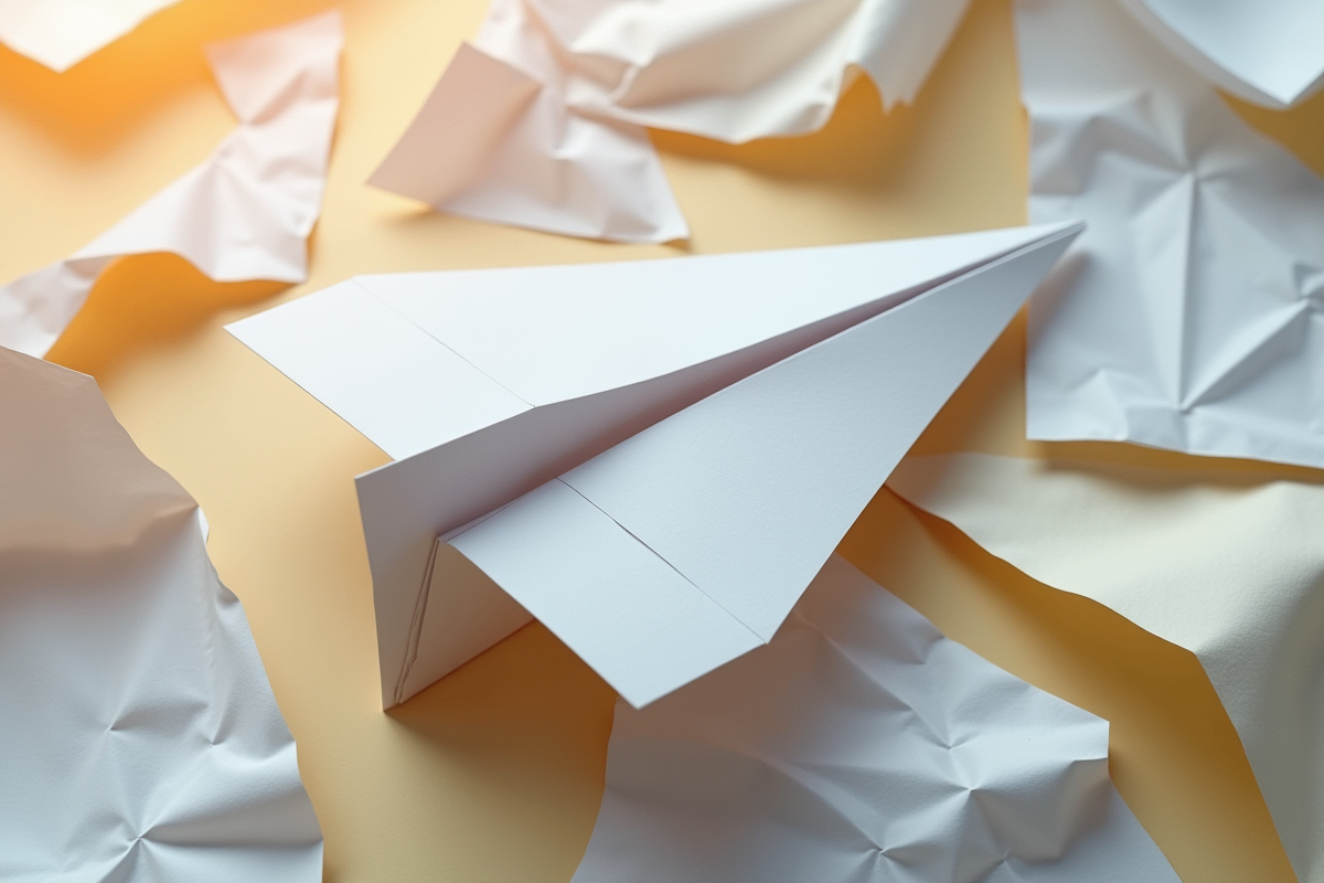 Avion en papier froissé parmi des feuilles déchirées en gros plan