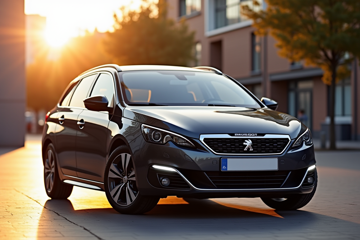 Peugeot 308 GT stationnee en ville au coucher de soleil