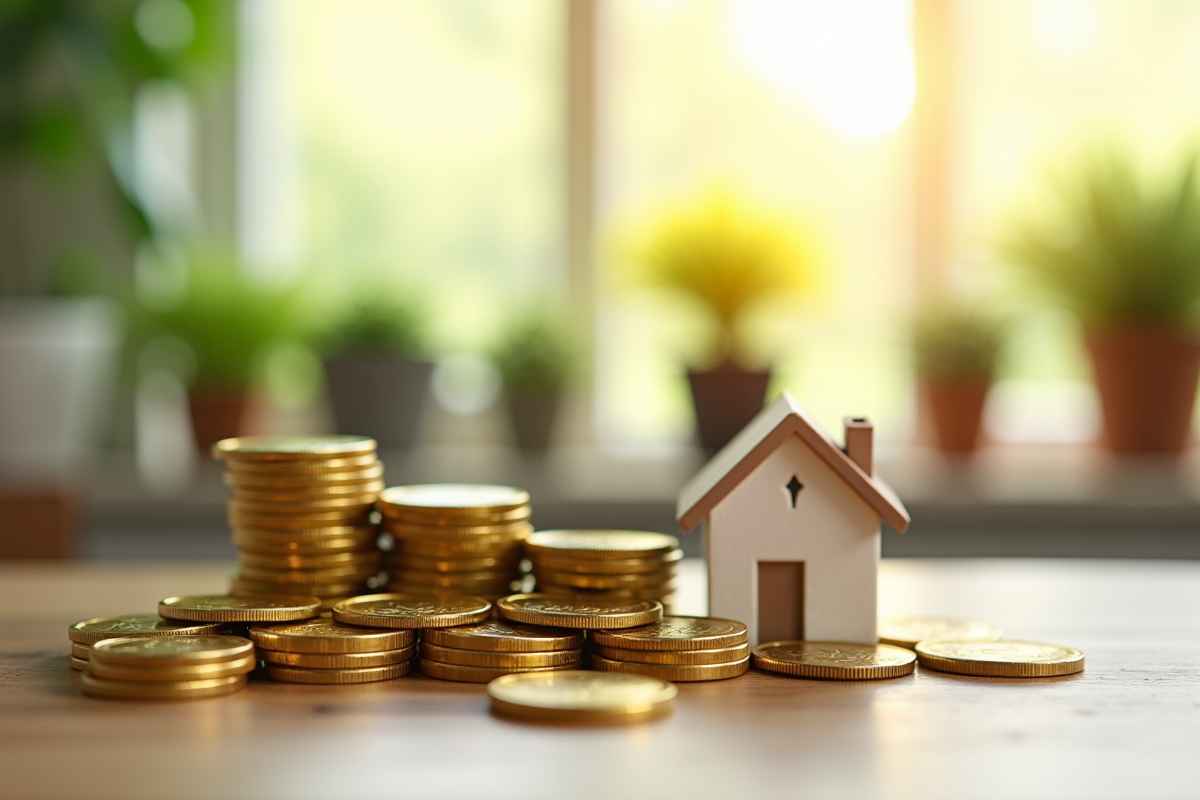 Pièces d or et modèle de bâtiment avec plantes pour investissement immobilier