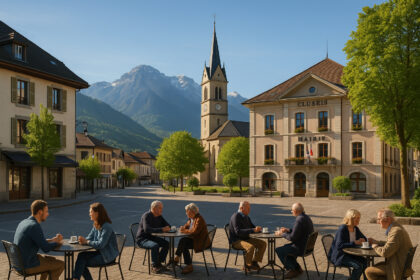 Place alpine paisible à Cluses avec habitants au café