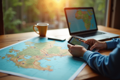 Personne planifiant un road trip avec carte et smartphone
