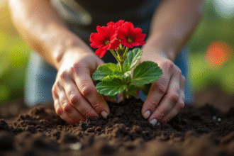 Mains plantant un geranium dans la terre fraîche