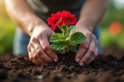 Mains plantant un geranium dans la terre fraîche