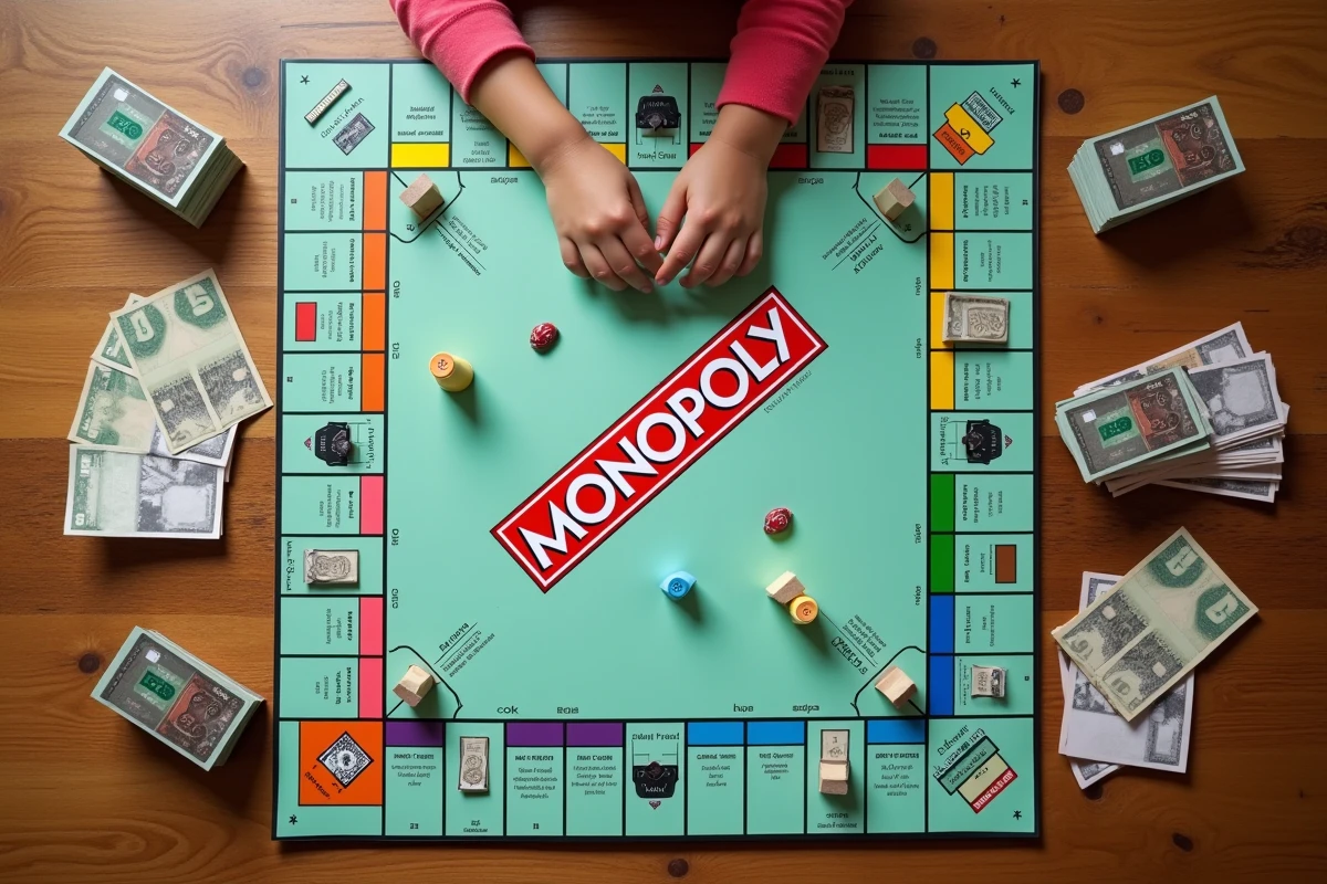 Vue aérienne d'un plateau de Monopoly Ville en cours de partie avec billets, hôtels et pions