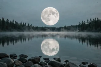 Pleine lune se levant au-dessus d'un lac calme entouré de forêts de pins au crépuscule, reflet argenté sur l'eau sombre