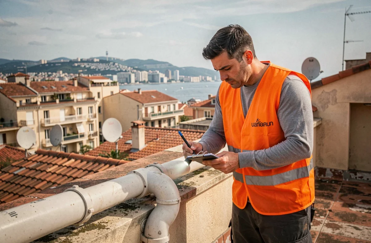 Plombier inspectant les canalisations sur un toit-terrasse avec panorama de Marseille en arrière-plan