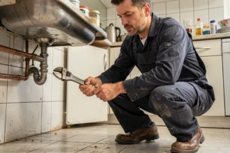 Plombier professionnel réparant une fuite sous l'évier dans un appartement marseillais
