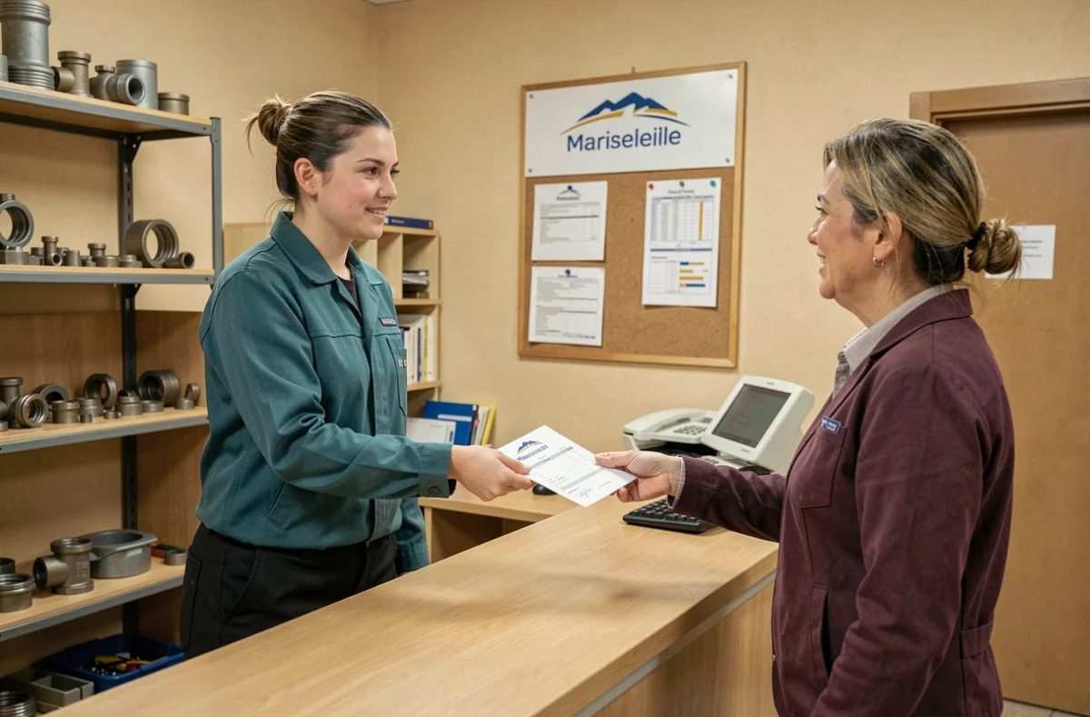 Plombière remettant une facture à une cliente dans un bureau de plomberie marseillais