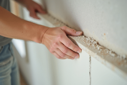 Gros plan de mains appliquant du ruban de joint sur une cloison en plâtre