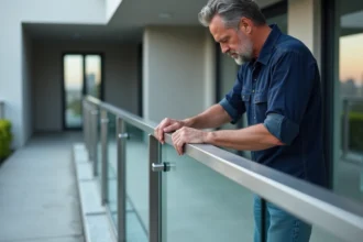 Installateur mesurant un garde-corps en acier inoxydable extérieur