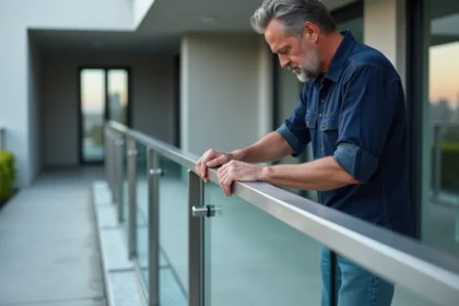 Installateur mesurant un garde-corps en acier inoxydable extérieur