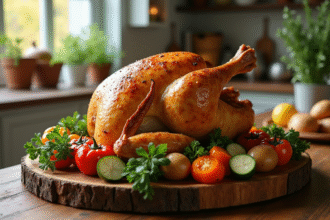 Poulet rôti doré avec légumes colorés sur une table en bois