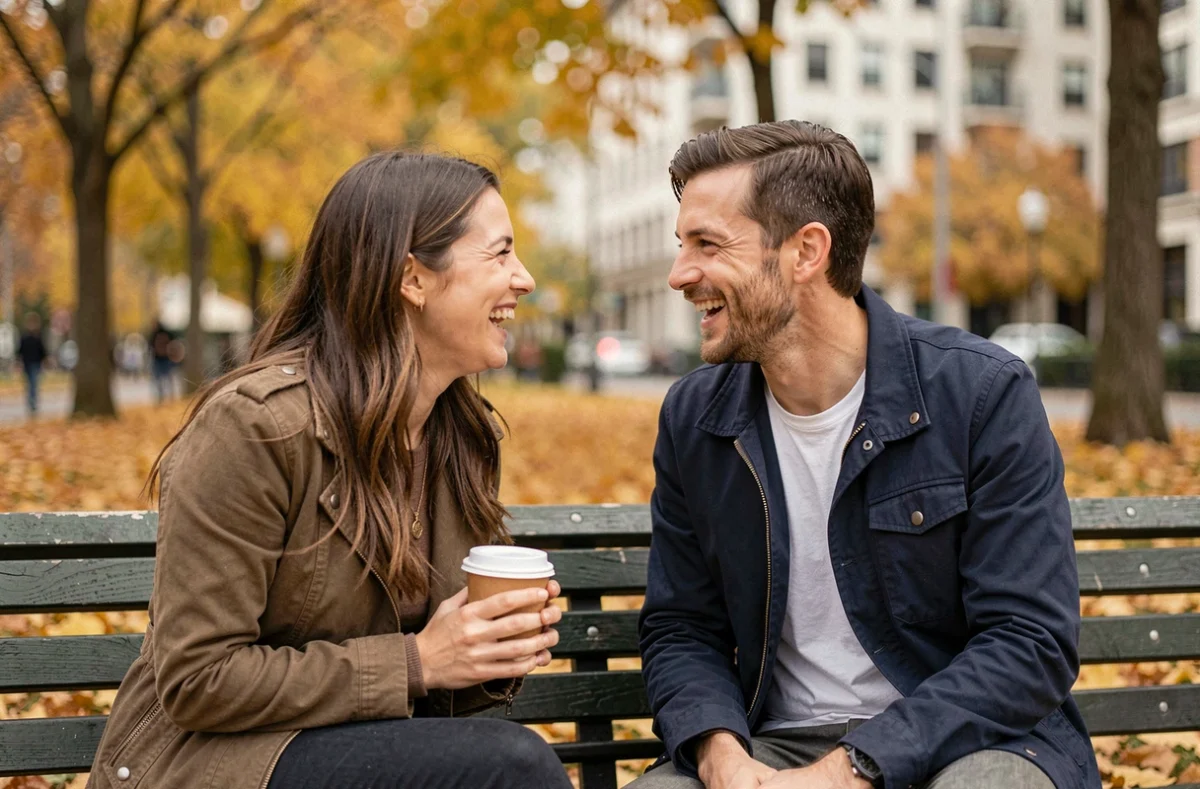 Couple se rencontrant pour un premier rendez-vous dans un parc en automne après une rencontre en ligne sérieuse