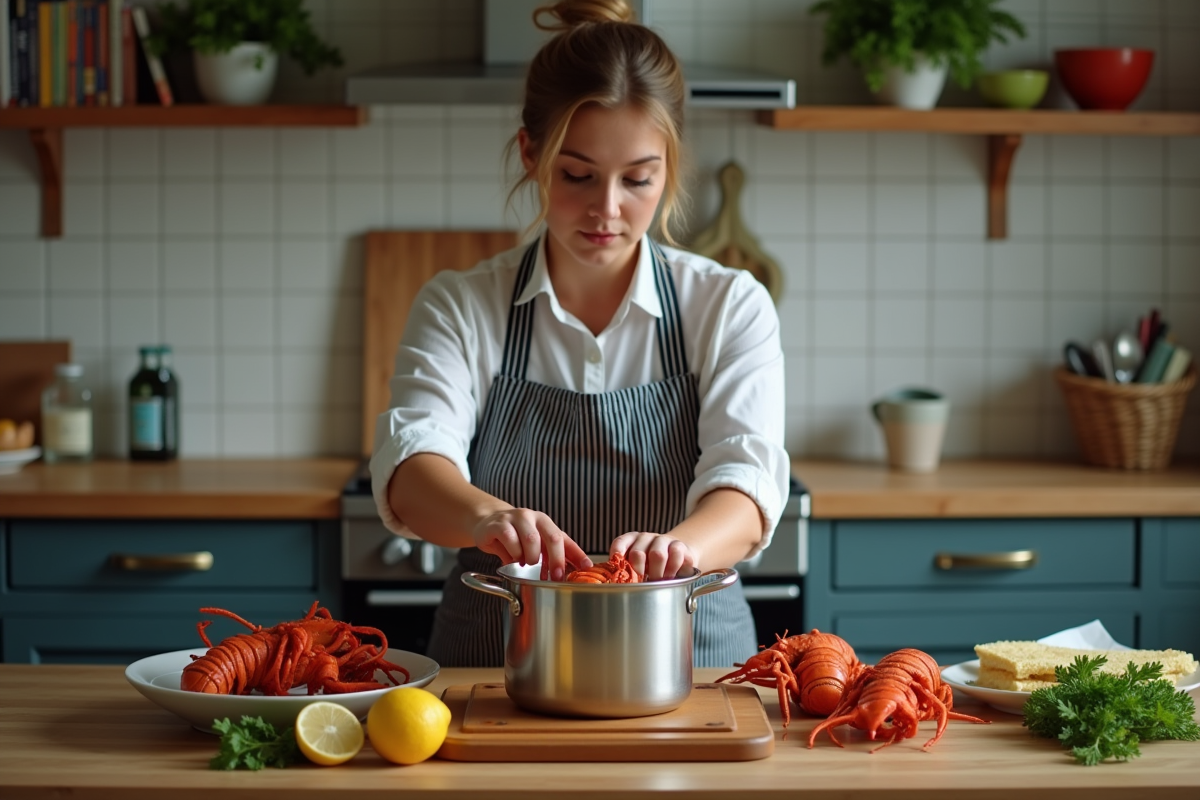 Jeune femme préparant un homard dans une cuisine chaleureuse