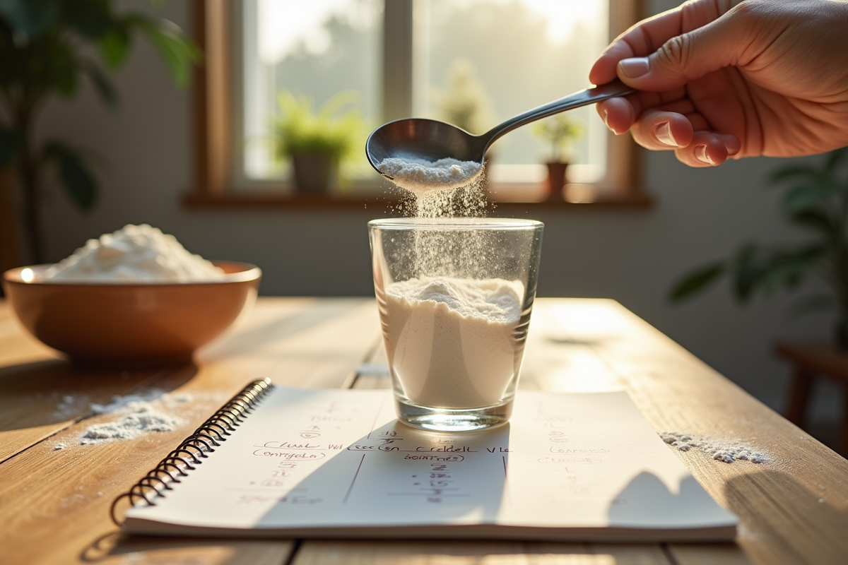 Cuillère à soupe en métal versant de la farine sur une table en bois