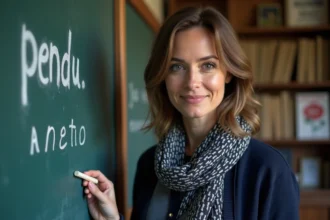 Professeure française devant tableau avec jeu pendu