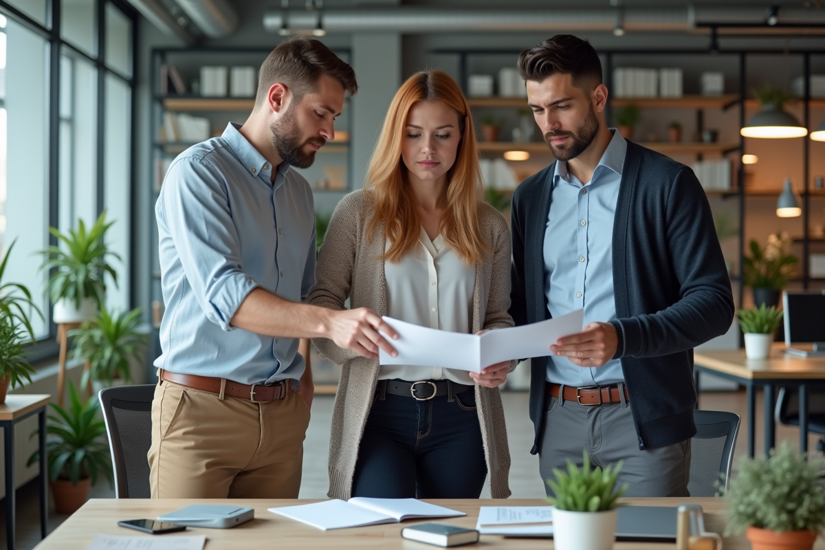 Trois professionnels travaillant ensemble dans un espace de coworking moderne