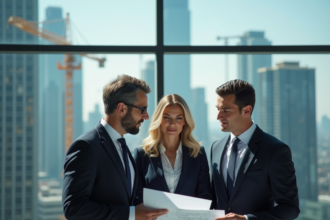 Trois professionnels en urbanisme devant un immeuble de bureaux