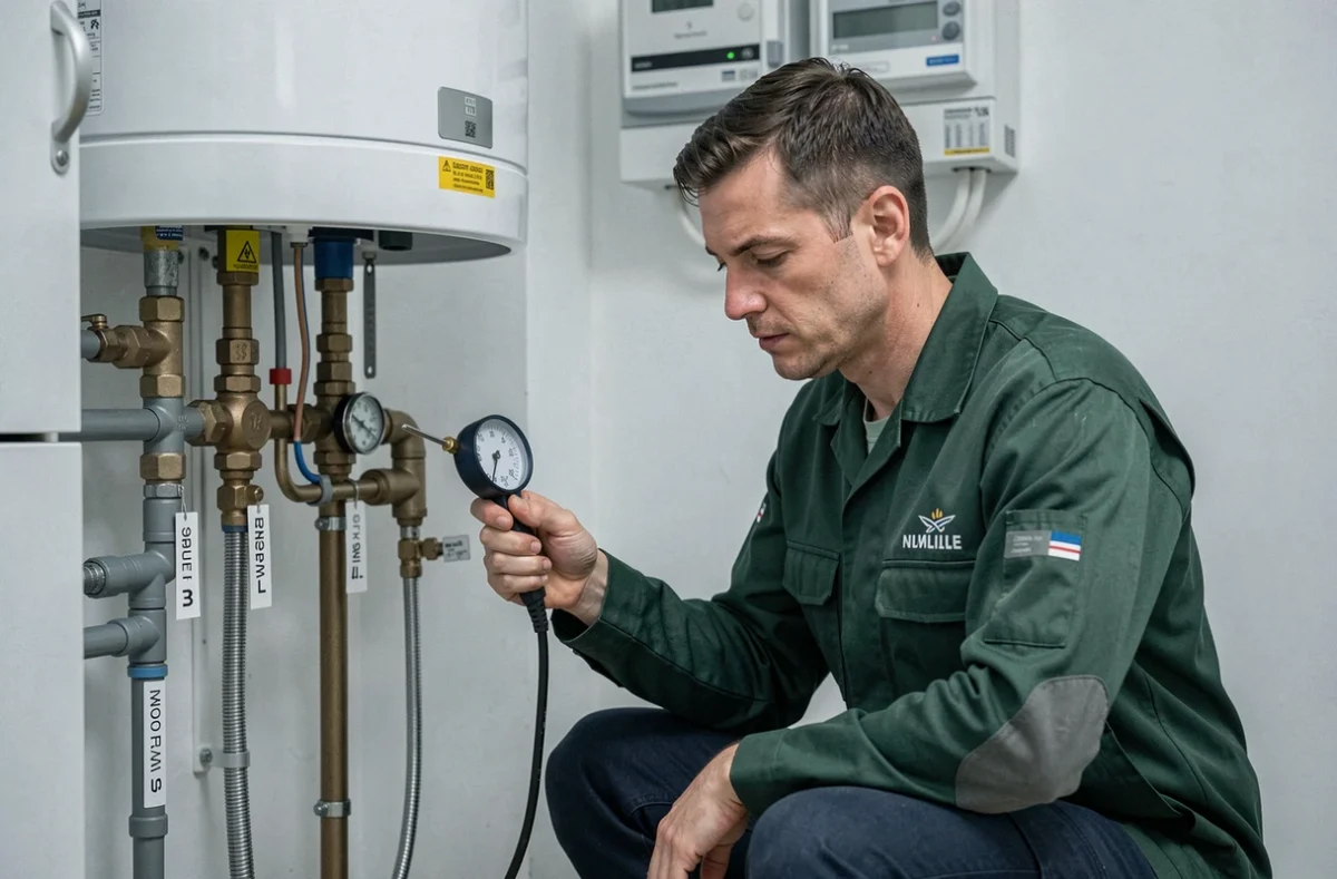 Plombier Proxiserv inspectant un chauffe-eau et un réseau de vannes dans une chaufferie d'appartement de la métropole lilloise